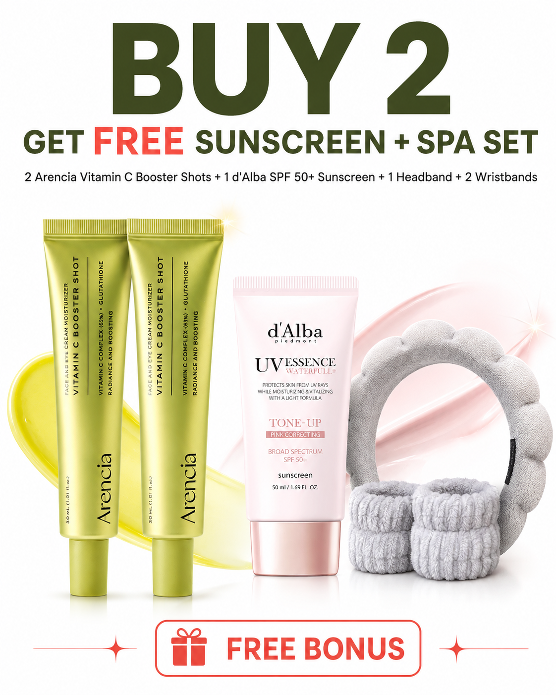 Buy two Arencia Vitamin C Booster Shots and get a free d'Alba sunscreen and spa set