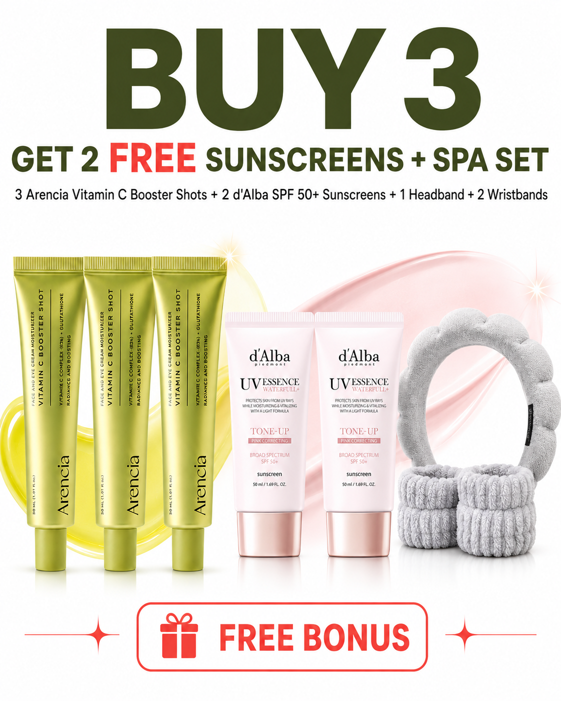 Buy three Arencia Vitamin C Booster Shots and get two free d'Alba sunscreens and a free spa set